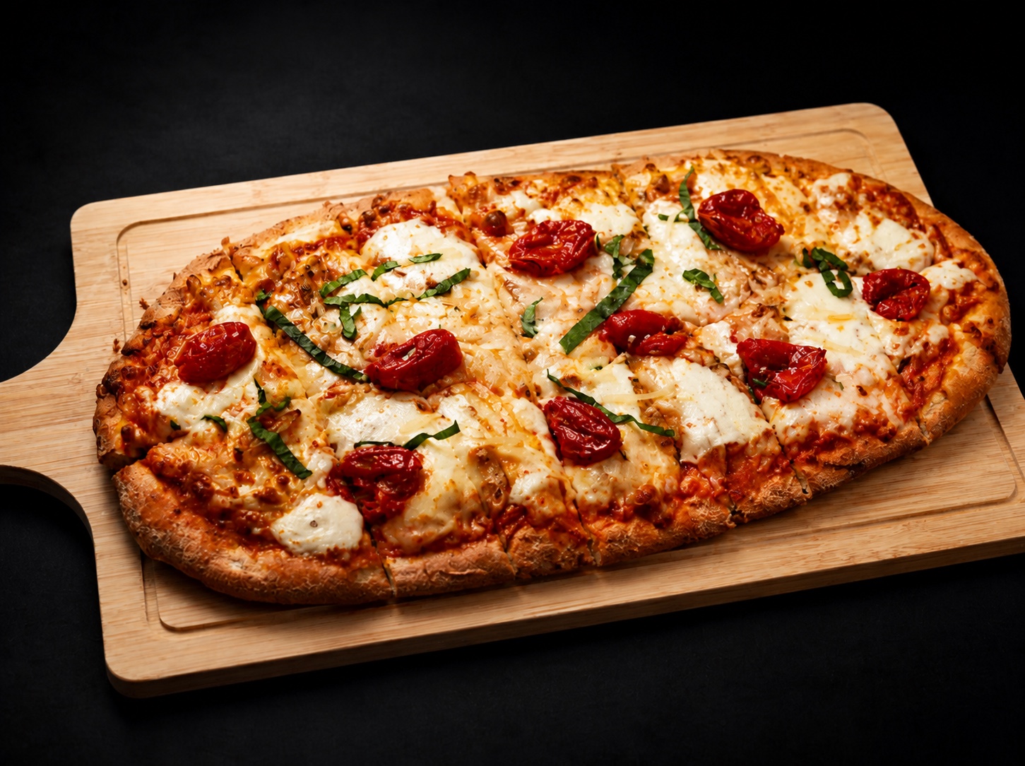 Lounge X tomato and basil flatbread on a wooden serving board