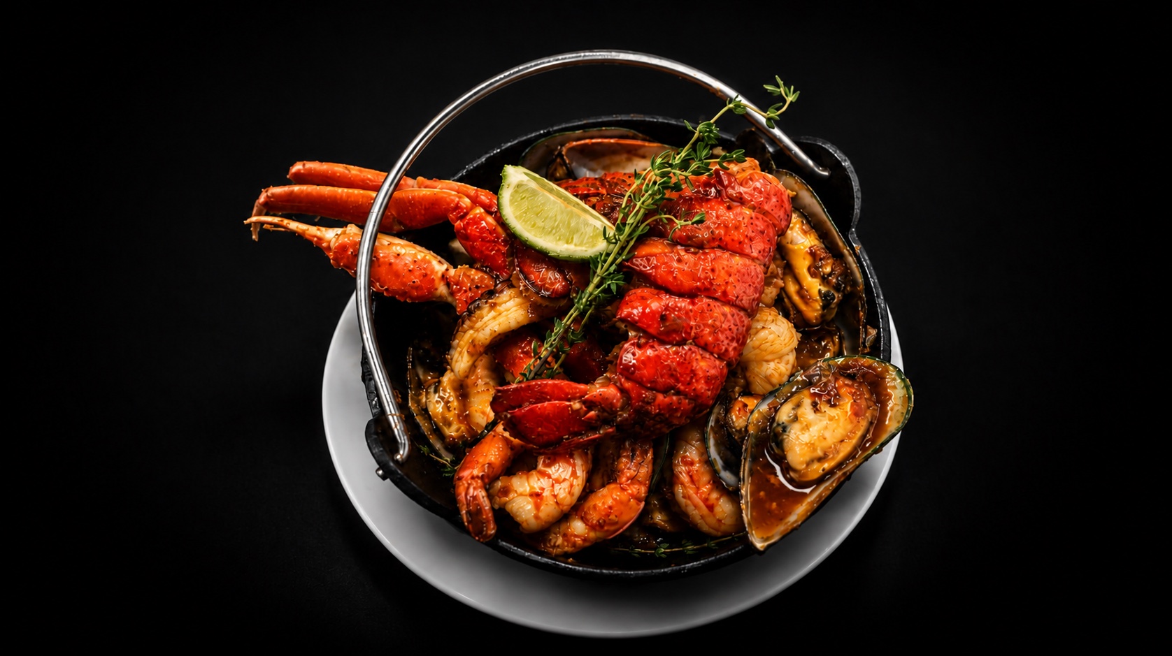 Lounge X seafood pot with lobster, shrimp, crab, and mussels
