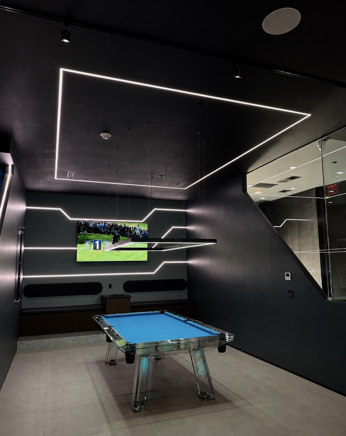 Private Lounge X games room with a pool table and LED lighting